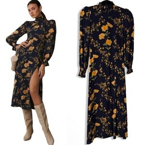 Reformatipn Stevi High-Neck Floral Midi Dress in Navy and Mustard